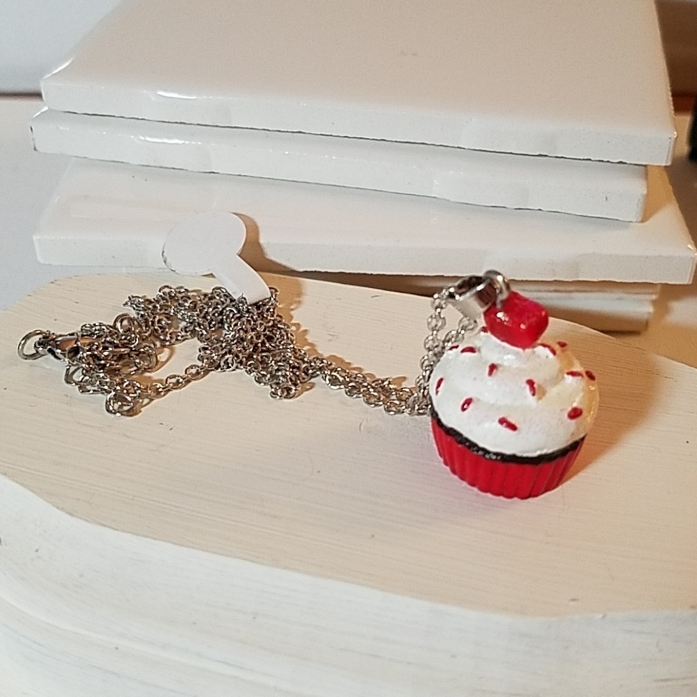 Cupcake Red White Necklace 18" Silver Tone Food